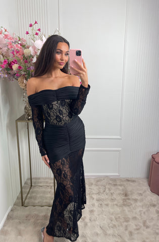 maxi off shoulder lace dress black
