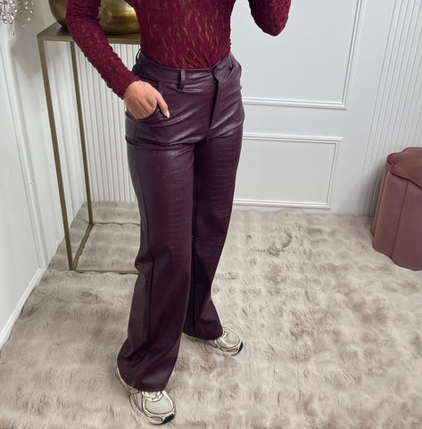 leather snake print pants bordeaux red
