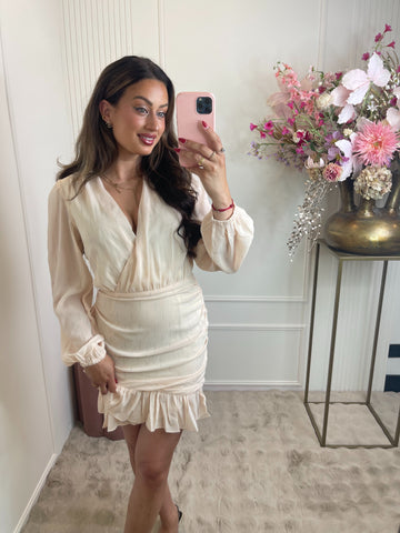 Livia silver detail ruffle dress beige