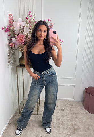 wide leg washed denim blue jeans