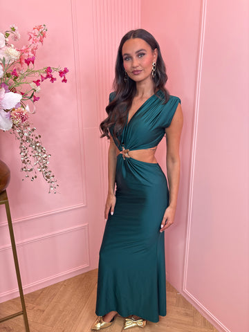 open side gold star maxi dress dark green