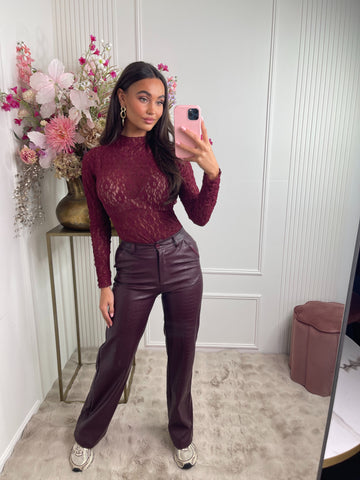 leather snake print pants bordeaux red