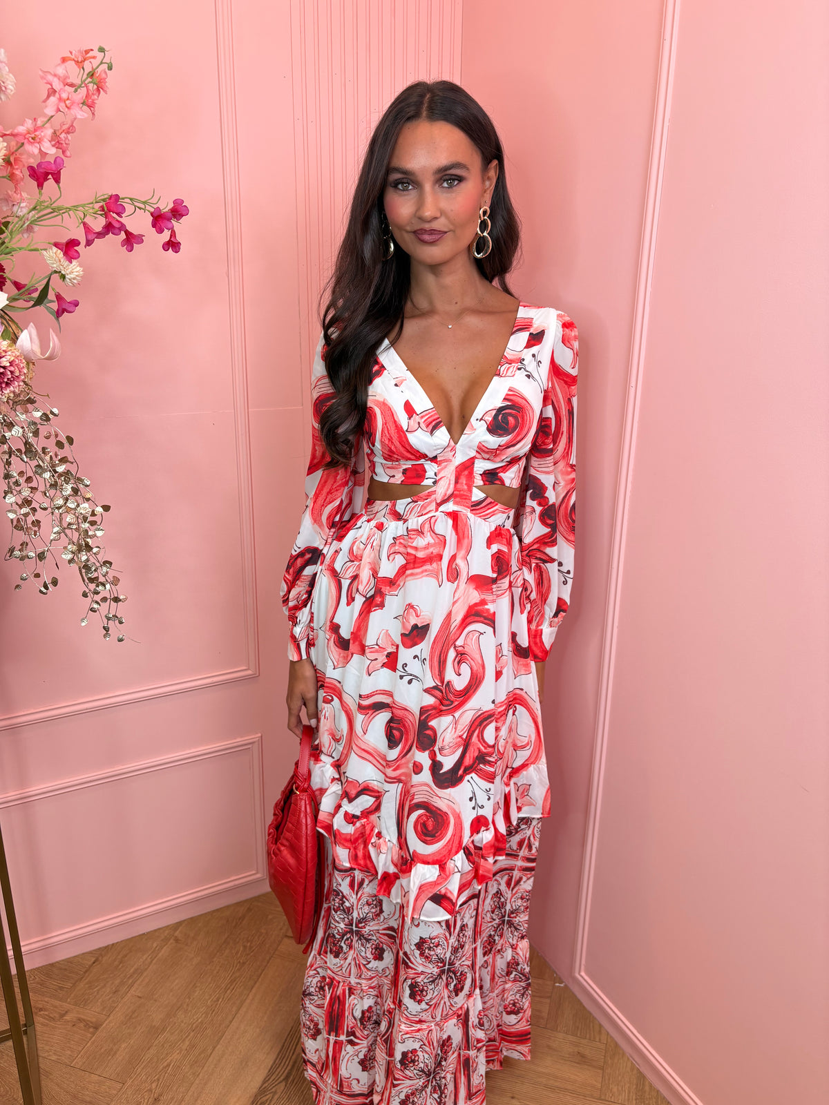 Santorini long open side dress red/white