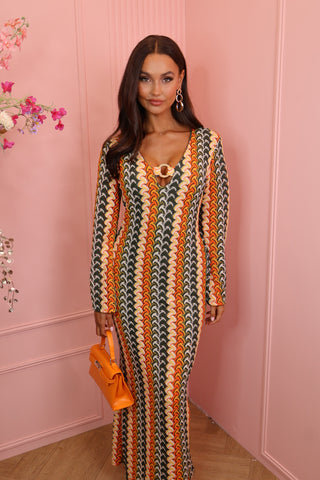 gold detail long zig zag dress orange/khaki