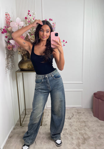 wide leg washed denim blue jeans