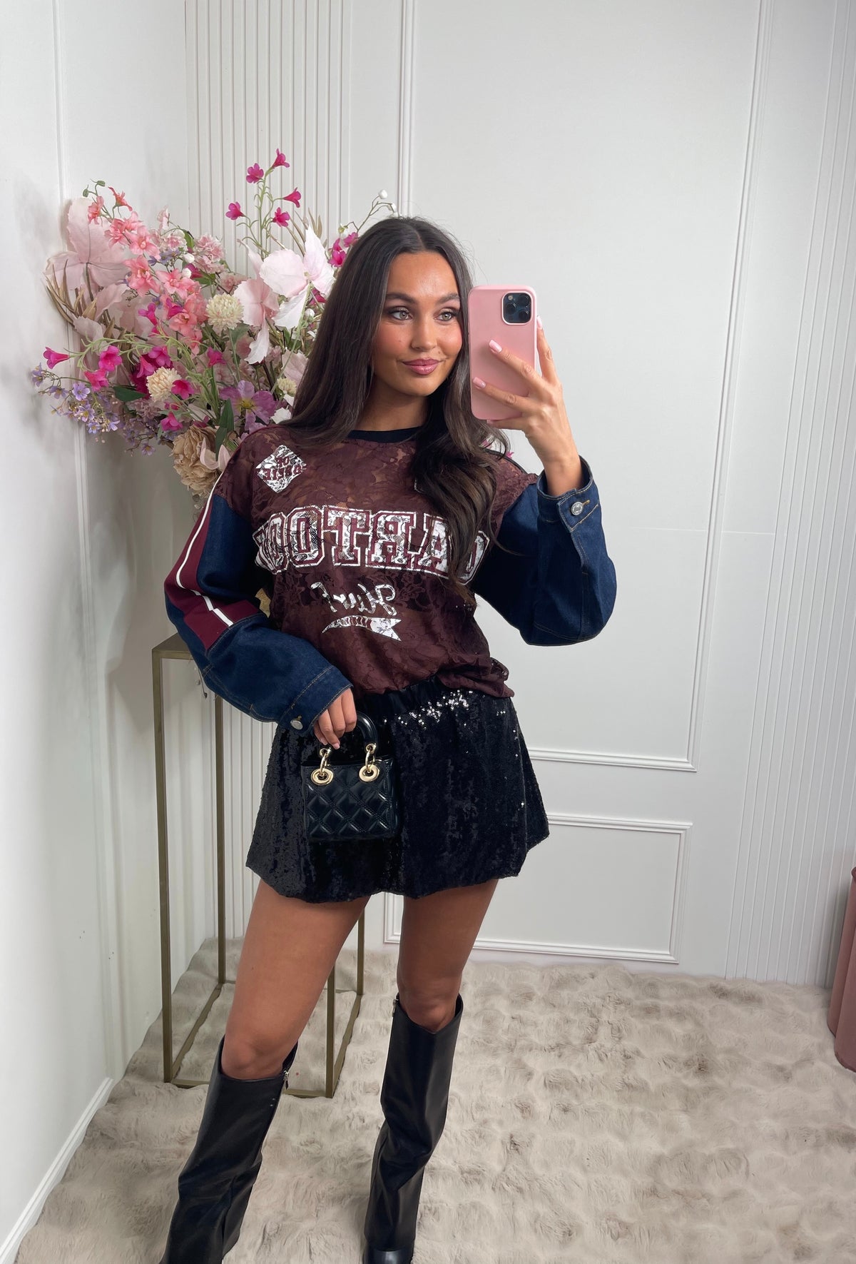 denim baseball lace sweater brown