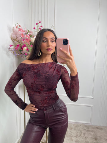 open shoulder print body bordeaux red