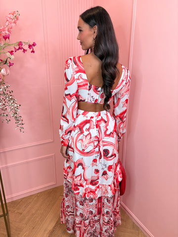 Santorini long open side dress red/white