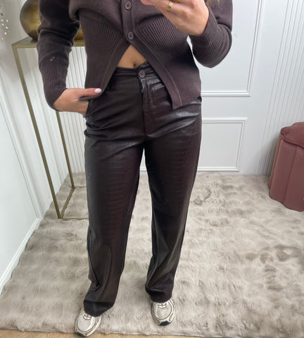 leather snake print pants dark brown