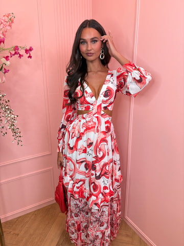 Santorini long open side dress red/white