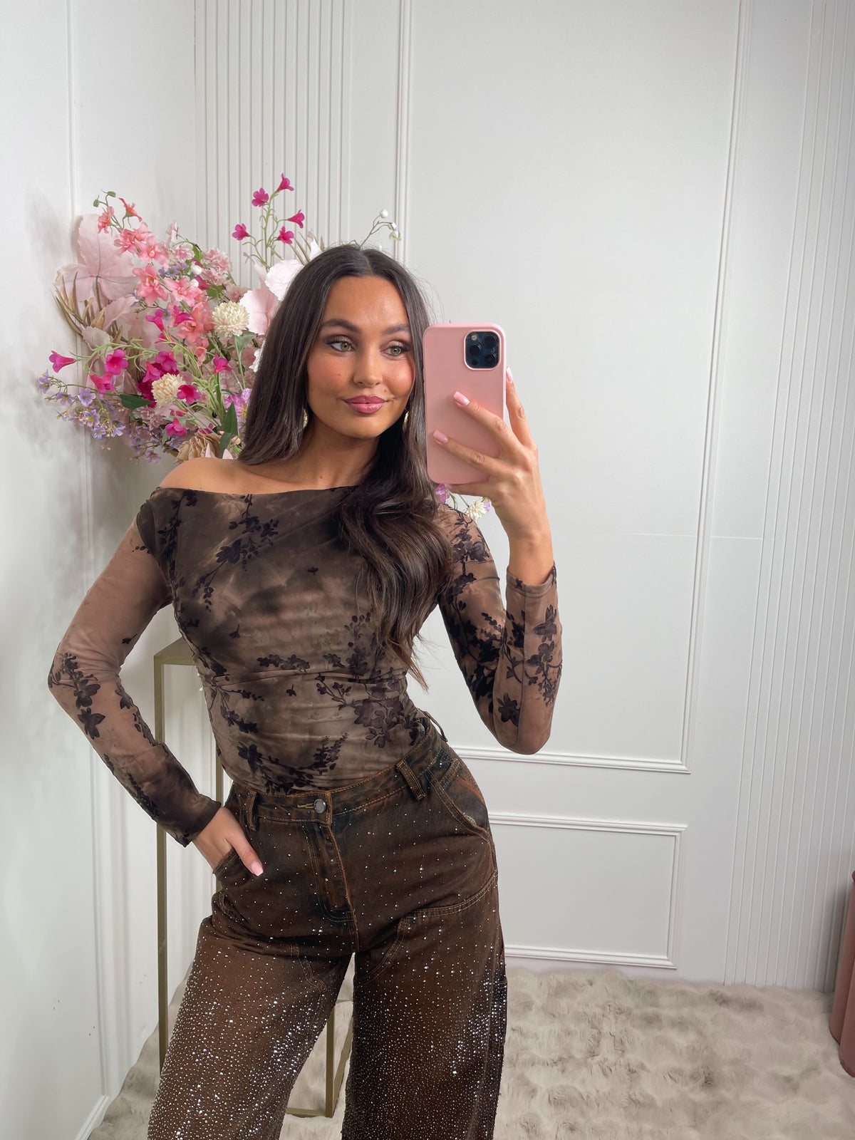 Open shoulder print body brown