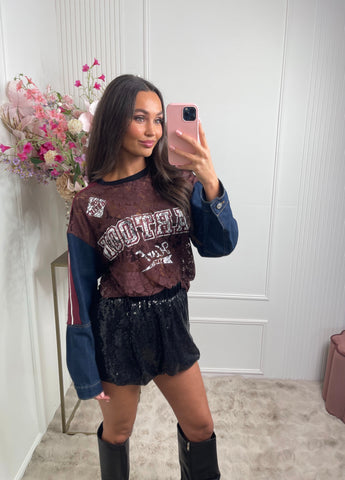 denim baseball lace sweater brown