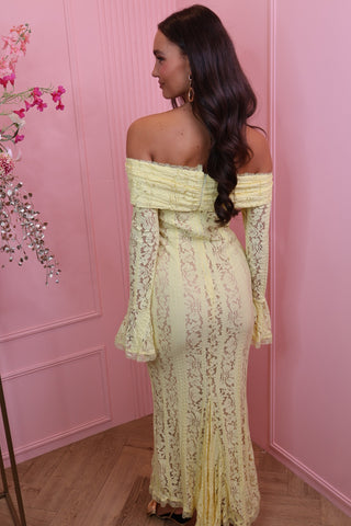 long off shoulder lace dress yellow