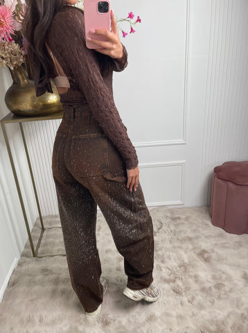 brown sparkle cargo denim jeans A3869