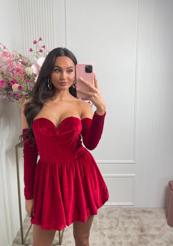 Esther off shoulder velvet dress red
