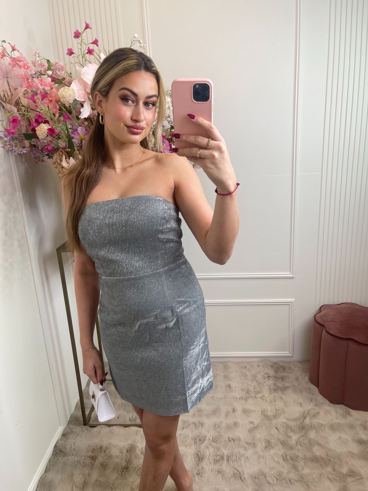 Elody strapless glitter dress silver