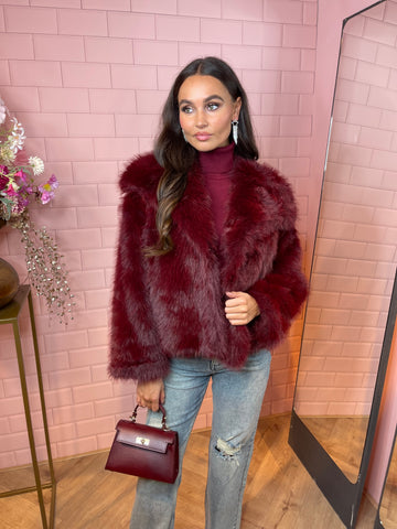 faux fur jacket bordeaux red