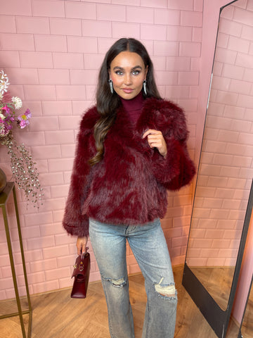 faux fur jacket bordeaux red