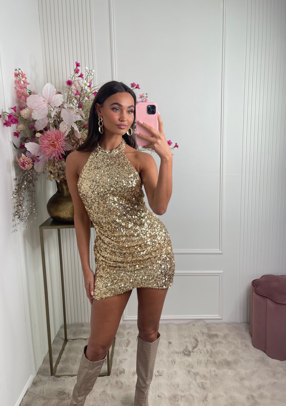 gold pailletten halter dress