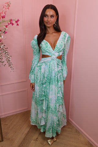Mallorca long open side dress green/white