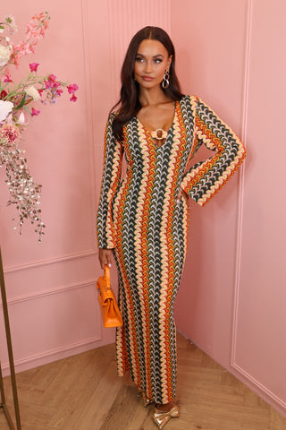 gold detail long zig zag dress orange/khaki