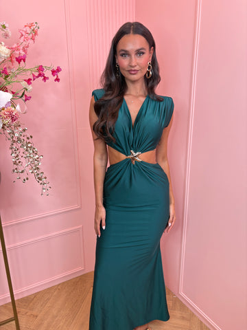 open side gold star maxi dress dark green