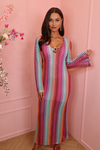 gold detail long zig zag dress neon pink/green