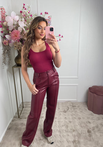 leather pants bordeaux red