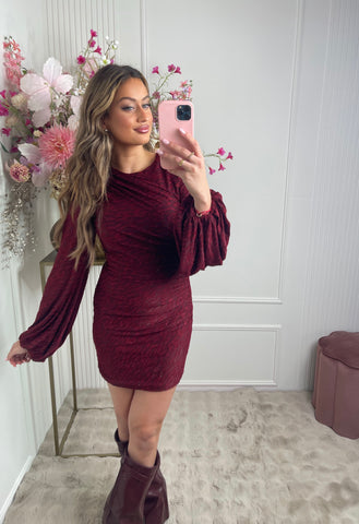 Amy bordeaux red draped print dress