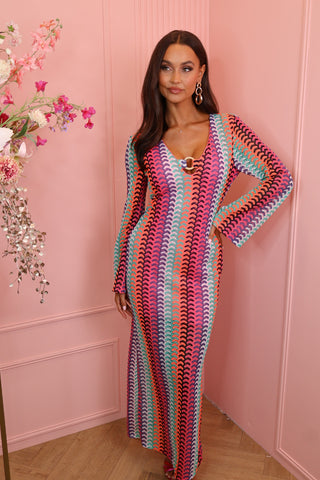 gold detail long zig zag dress neon pink/green