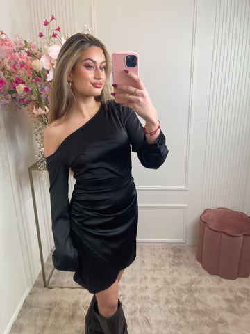 open shoulder satin dress black
