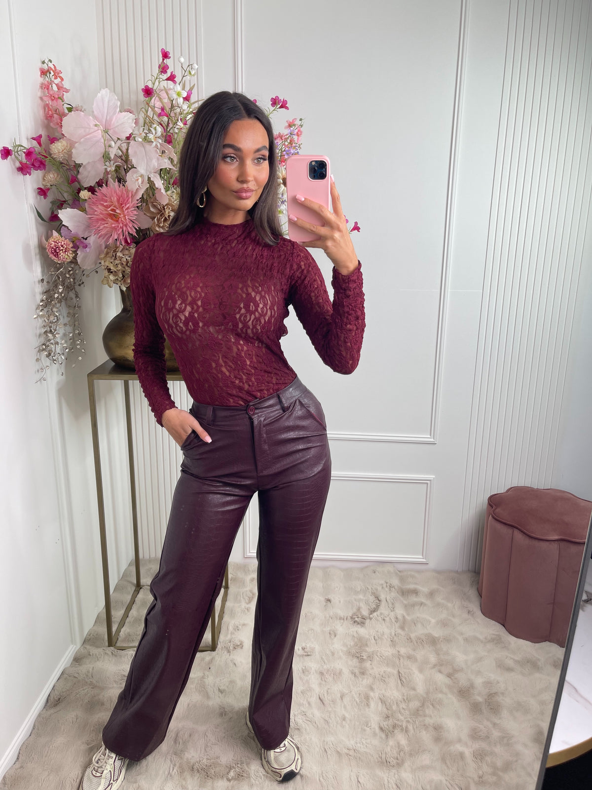 leather snake print pants bordeaux red