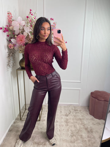 leather snake print pants bordeaux red
