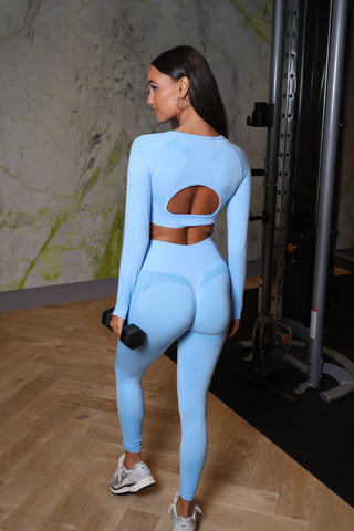 Open back long sleeve sport set ocean blue