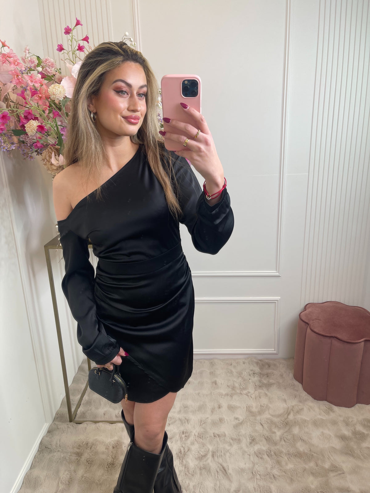 open shoulder satin dress black