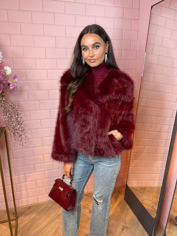 faux fur jacket bordeaux red