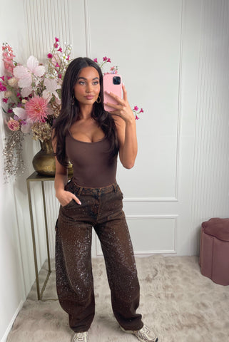 brown sparkle cargo denim jeans A3869