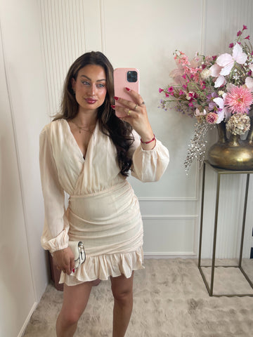 Livia silver detail ruffle dress beige