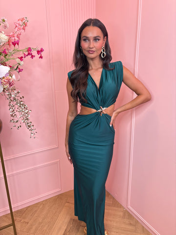 open side gold star maxi dress dark green