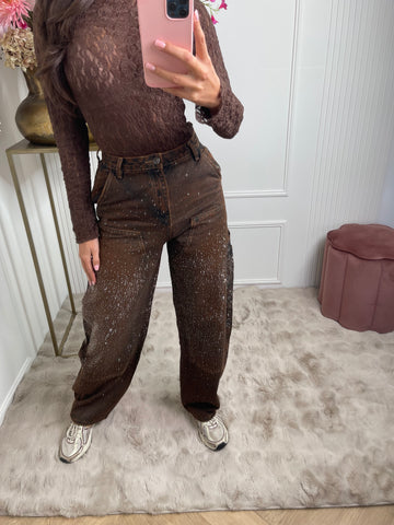 brown sparkle cargo denim jeans A3869