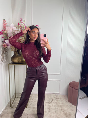 leather snake print pants bordeaux red