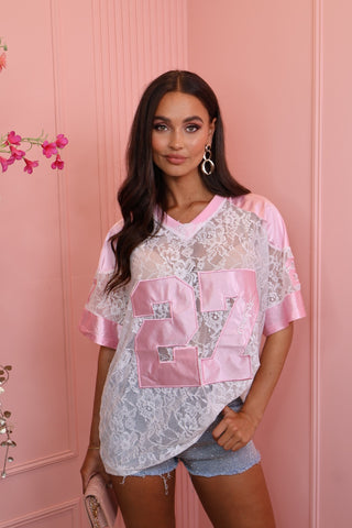 white 27 lace baseball shirt pink