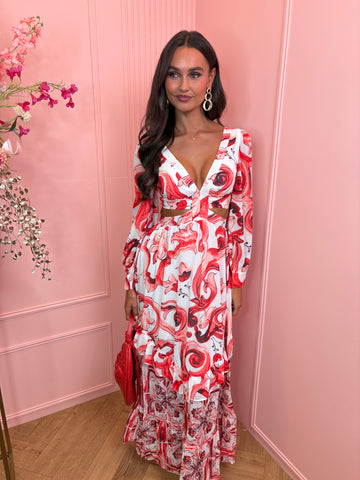 Santorini long open side dress red/white
