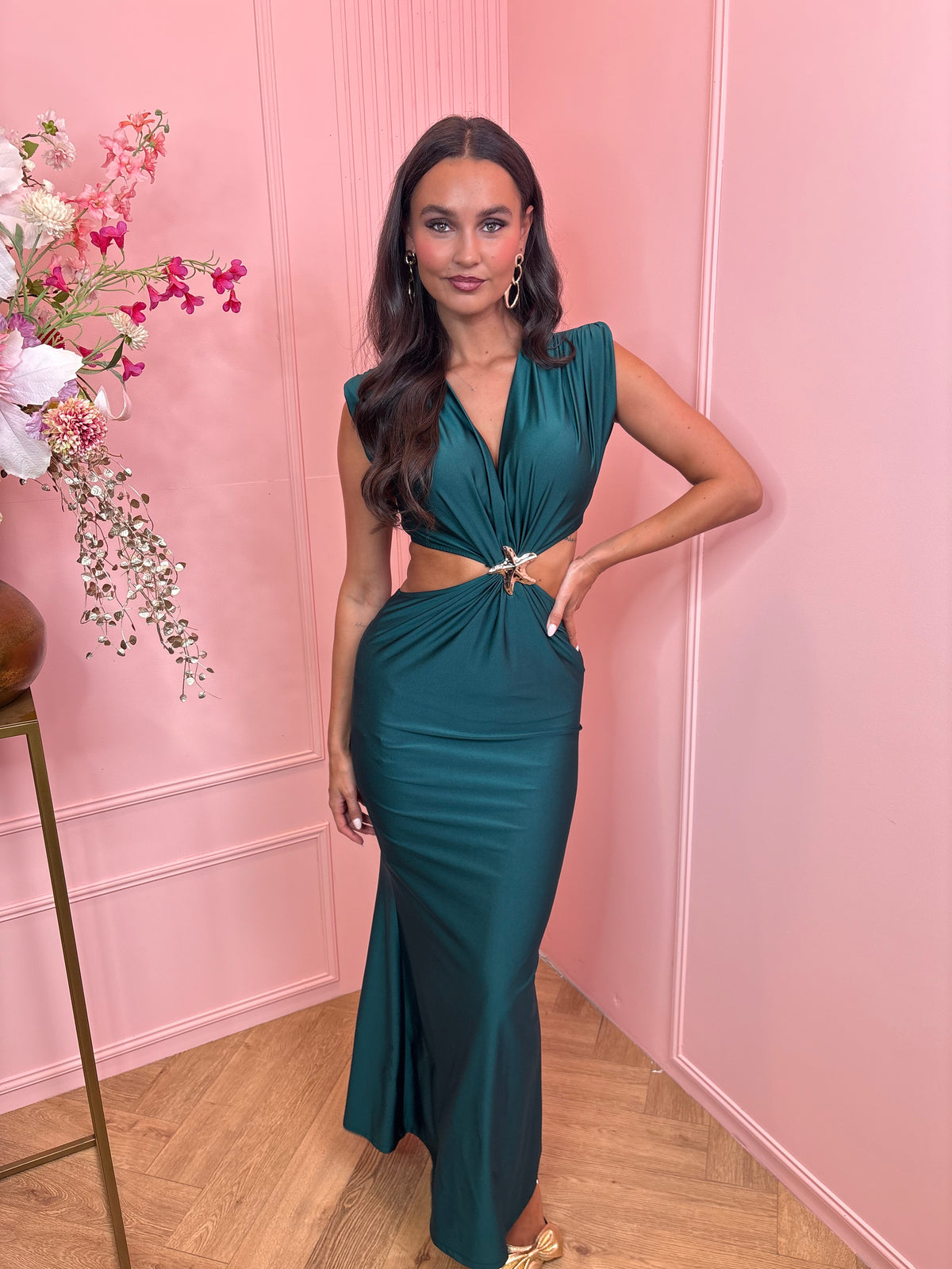 open side gold star maxi dress dark green