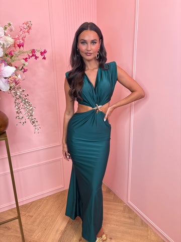 open side gold star maxi dress dark green