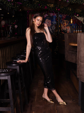 long strapless pailletten disco dress black