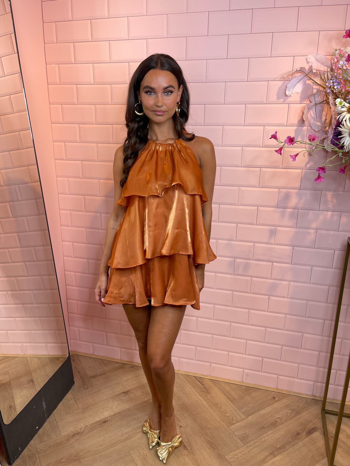 all over satin ruffle dress orange