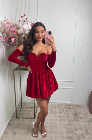 Esther off shoulder velvet dress red