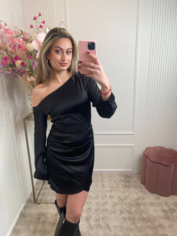 open shoulder satin dress black