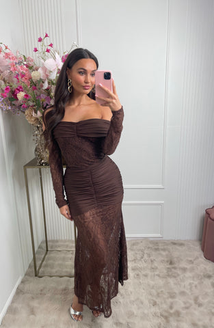 maxi off shoulder lace dress brown